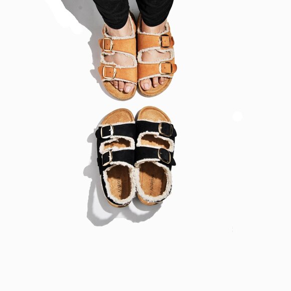 Faux Shearling Lined Buckle Slide Sandals - Picture 2 of 3